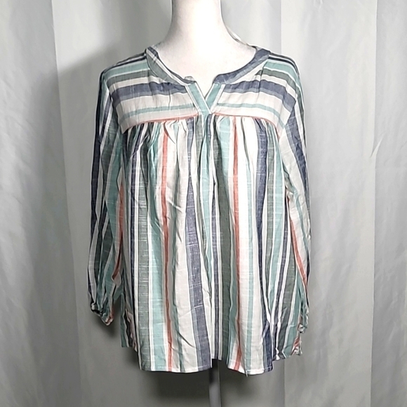 Knox Rose Women's Striped V-Neck 3/4 Sleeve Boho Rayon Blend Blouse - Picture 2 of 10